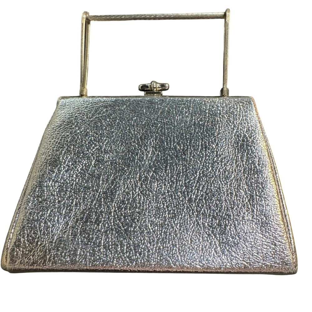 60s Vintage Silver Metallic Top Handle Bag Kiss Lock Evening Purse Retro‎
